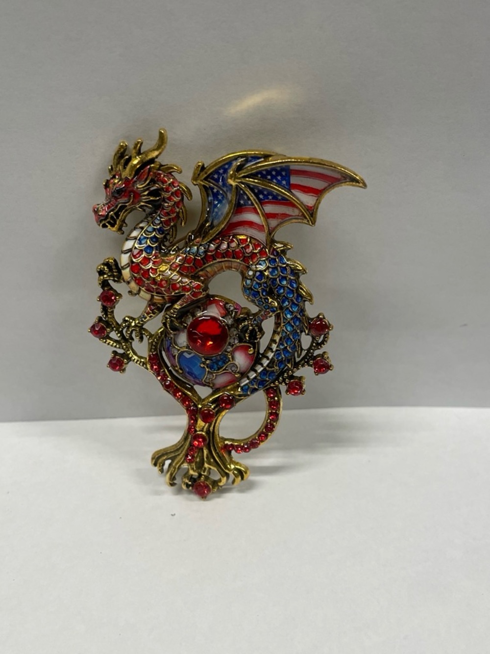 Patriotic Red and Blue Dragon Enamel Accent - Gold Tone